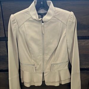 White House Black Market Cream Leather Jacket with Peplum Waist